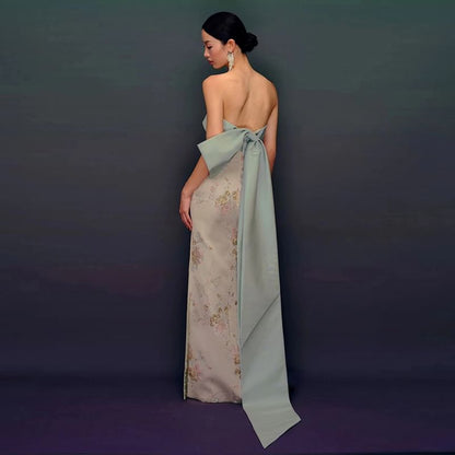 Strapless Floral Print Bow Back Slit Sheath Evening Gown