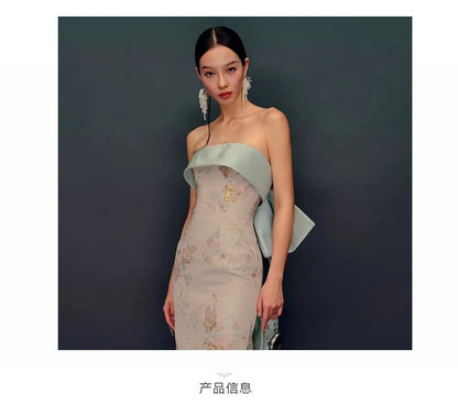 Strapless Floral Print Bow Back Slit Sheath Evening Gown