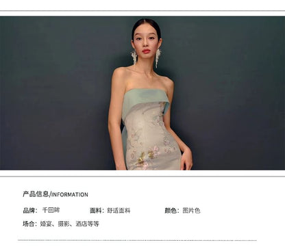 Strapless Back Gown Slit Sheath Floral Print Bow Evening