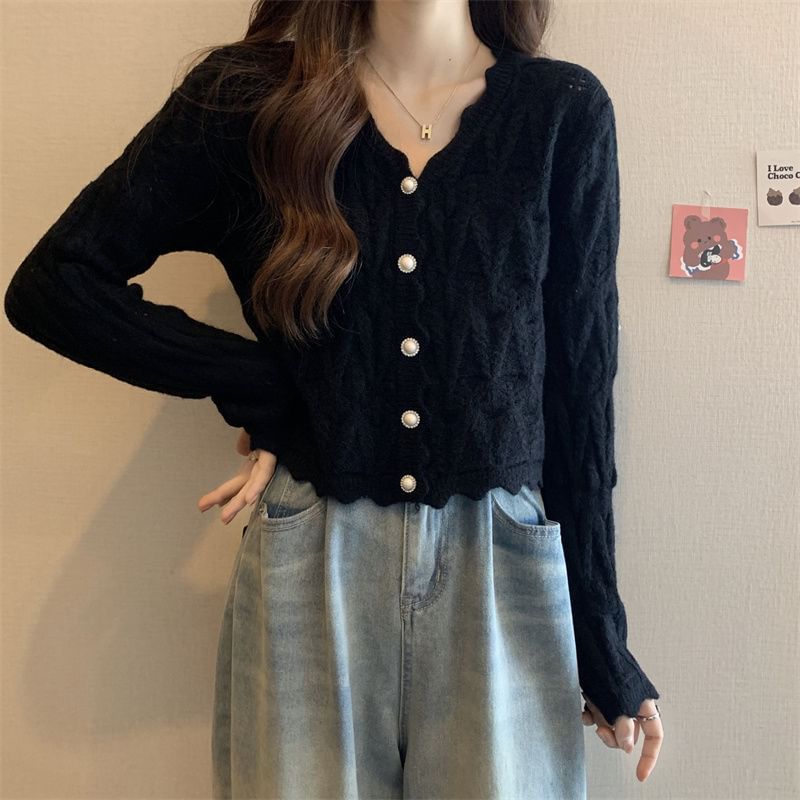 V-Neck Faux Pearl Button Cable Knit Cardigan