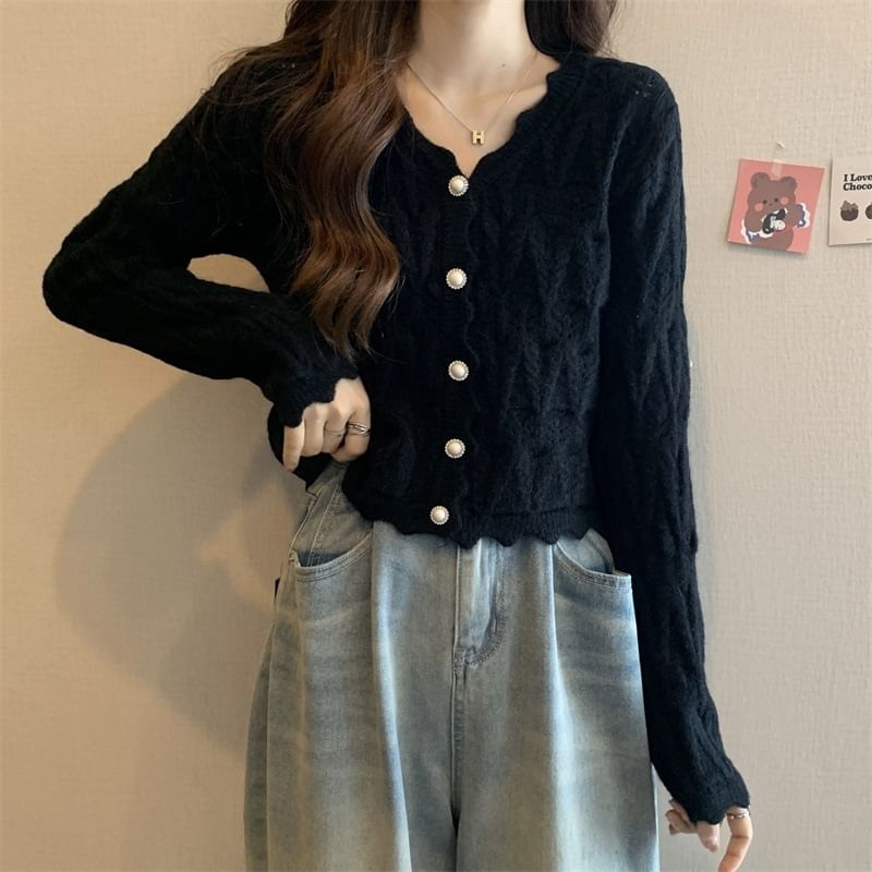 V-Neck Faux Pearl Button Cable Knit Cardigan