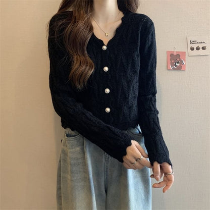 V-Neck Faux Pearl Button Cable Knit Cardigan