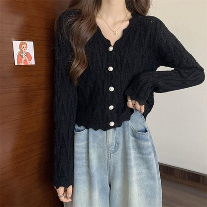 V-Neck Faux Pearl Button Cable Knit Cardigan