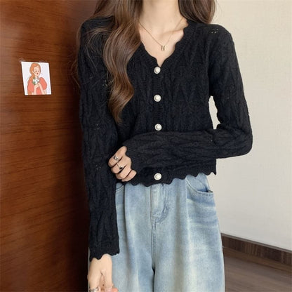 V-Neck Faux Pearl Button Cable Knit Cardigan