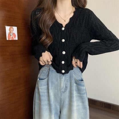 V-Neck Faux Pearl Button Cable Knit Cardigan