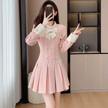 Long Sleeve Mock Neck Bowknot Tweed Mini Pleated Dress