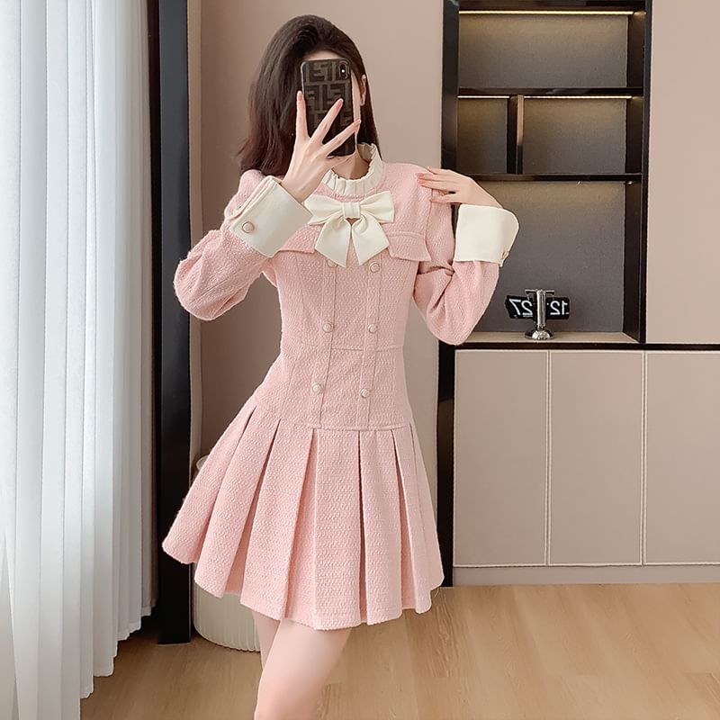 Long Sleeve Mock Neck Bowknot Tweed Mini Pleated Dress