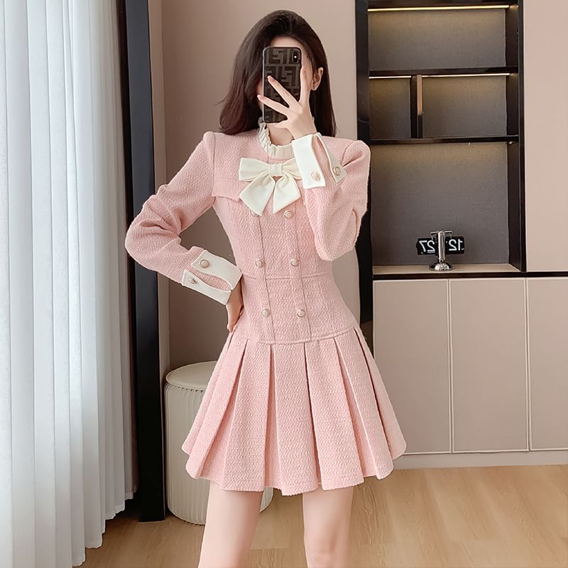 Long Sleeve Mock Neck Bowknot Tweed Mini Pleated Dress