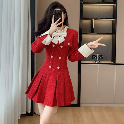 Long Sleeve Mock Neck Bowknot Tweed Mini Pleated Dress