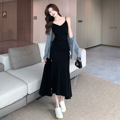 Spaghetti Strap Midi Dress with Open Front Cardigan