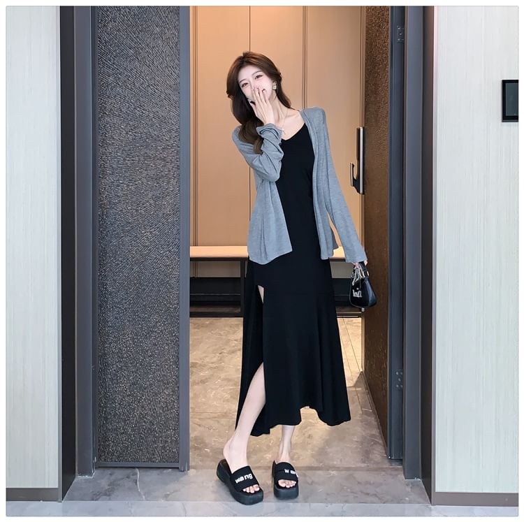Spaghetti Strap Midi Dress with Open Front Cardigan