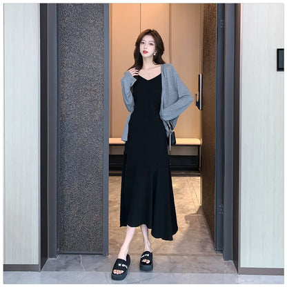 Spaghetti Strap Midi Dress with Open Front Cardigan