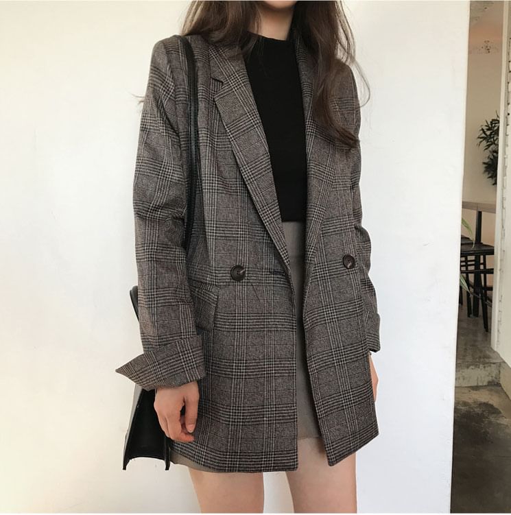 Lapel Collar Plaid Double