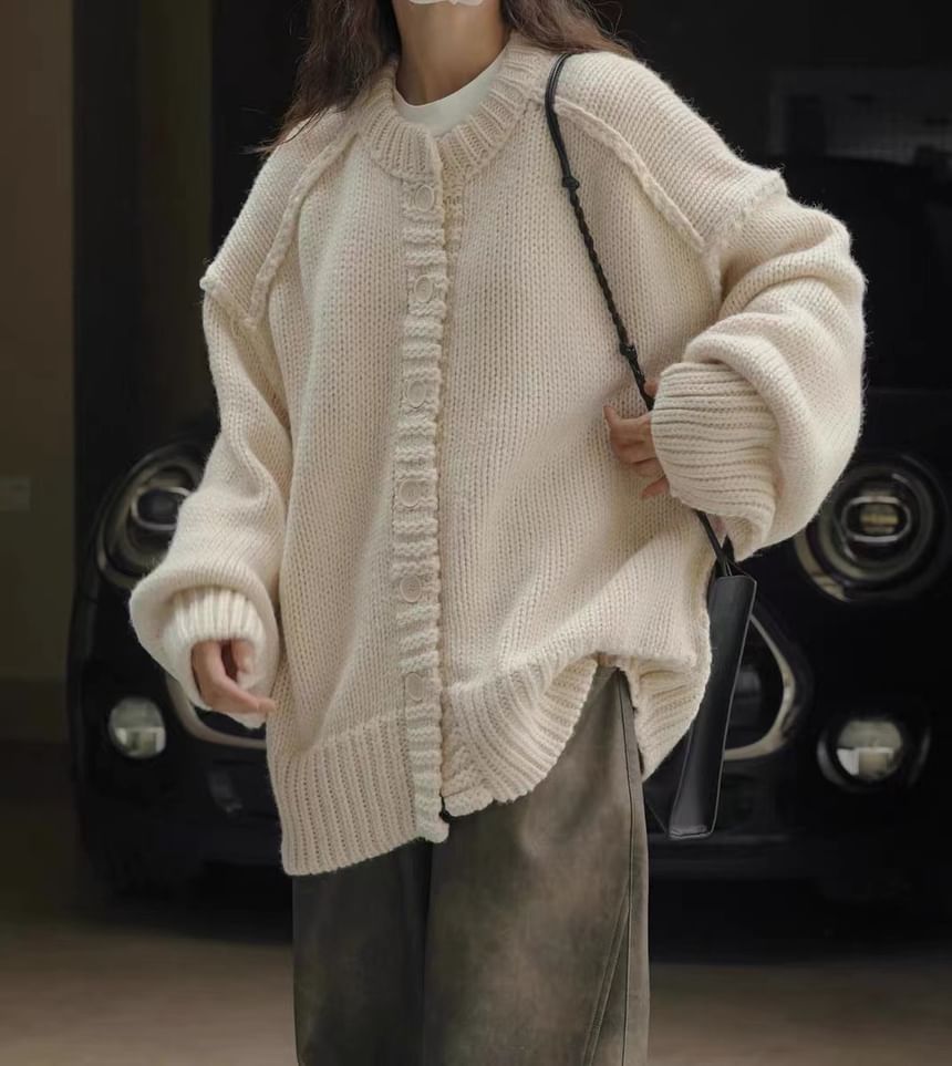 Oversized Stitched Round-Neck Cardigan