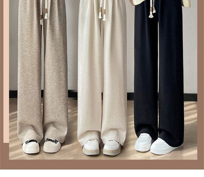 Drawstring Waist Plain Wide Leg Knit Pants