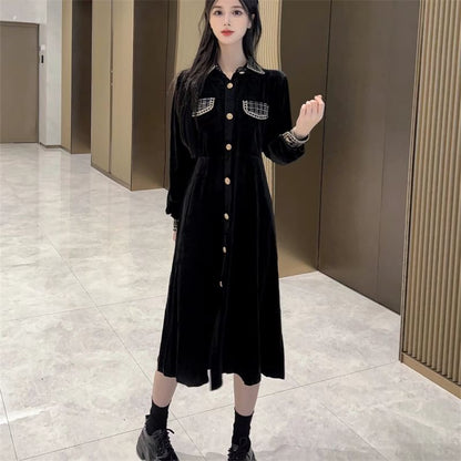 Long Sleeve Collared Plaid Button Panel Velvet Midi A-Line Dress