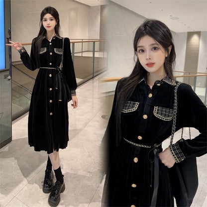 Long Sleeve Collared Plaid Button Panel Velvet Midi A-Line Dress