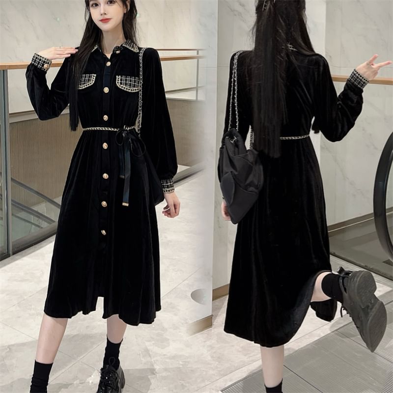 Long Sleeve Collared Plaid Button Panel Velvet Midi A-Line Dress