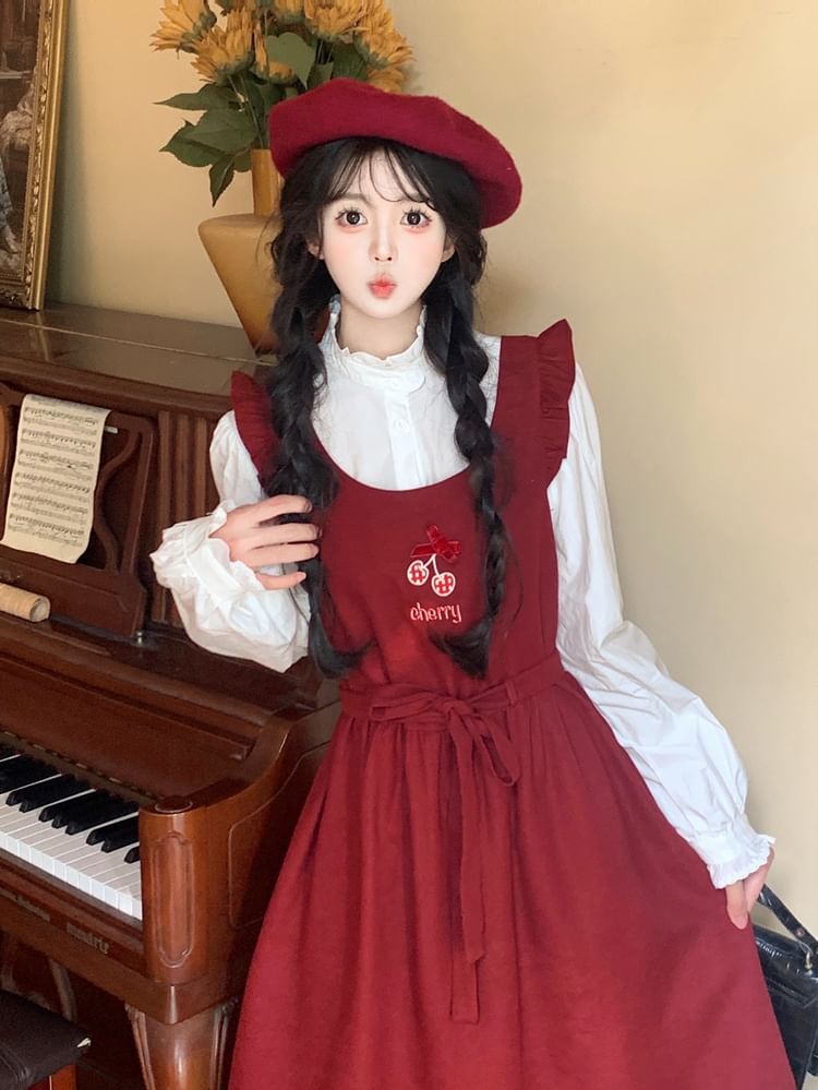 Long Sleeve Stand Collar Plain Frill Blouse / Cherry Embroidered Bow Ruffle Midi A-Line Overall Dress