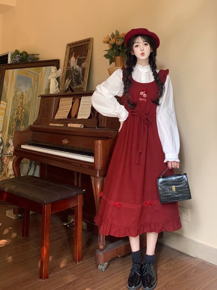 Long Sleeve Stand Collar Plain Frill Blouse / Cherry Embroidered Bow Ruffle Midi A-Line Overall Dress