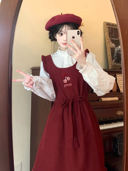 Long Sleeve Stand Collar Plain Frill Blouse / Cherry Embroidered Bow Ruffle Midi A-Line Overall Dress