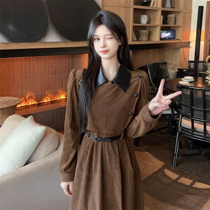 Long Sleeve Contrast Collar Mock Two Piece Corduroy Midi A-Line Dress