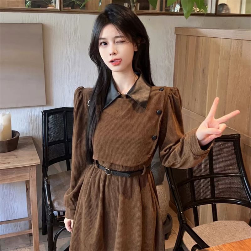 Long Sleeve Contrast Collar Mock Two Piece Corduroy Midi A-Line Dress