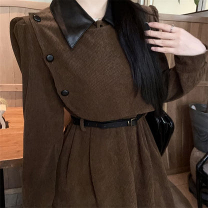 Long Sleeve Contrast Collar Mock Two Piece Corduroy Midi A-Line Dress