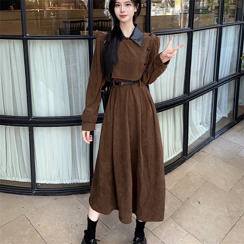 Long Sleeve Contrast Collar Mock Two Piece Corduroy Midi A-Line Dress