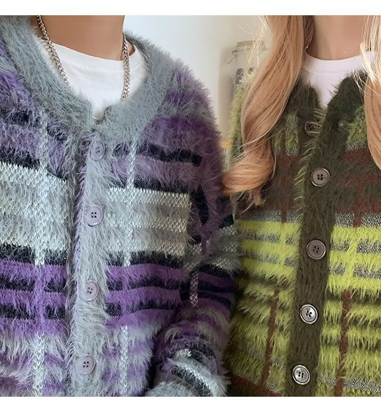 Plaid Fluffy Oversized Crew Neck Cardigan