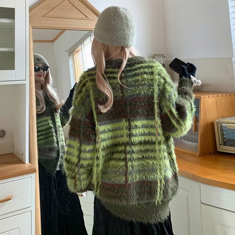 Plaid Fluffy Oversized Crew Neck Cardigan