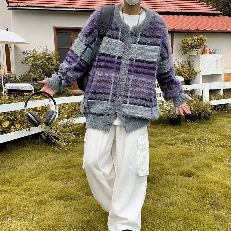 Plaid Fluffy Oversized Crew Neck Cardigan