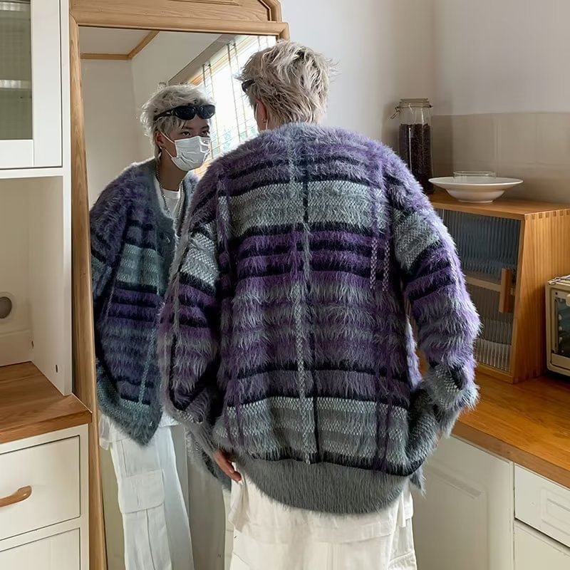 Plaid Fluffy Oversized Crew Neck Cardigan