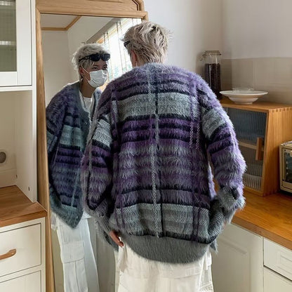 Plaid Fluffy Oversized Crew Neck Cardigan