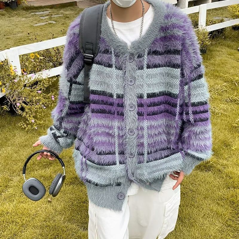 Plaid Fluffy Oversized Crew Neck Cardigan