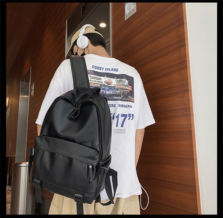 Multi-Pocket Backpack Faux Leather