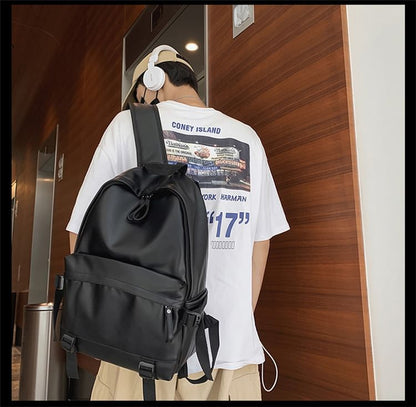 Multi-Pocket Backpack Faux Leather