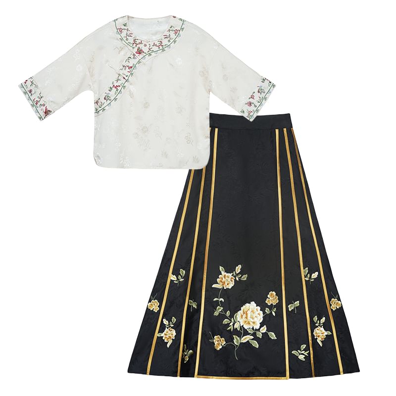 Traditional Chinese 3/4-Sleeve Crew Neck Floral Embroidered Jacquard Frog Buttoned Blouse / High Rise Contrast Trim Maxi A-Line Skirt / Set