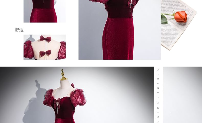 Short-Sleeve Evening Trained Neckline Sheath Velvet Sweetheart Gown