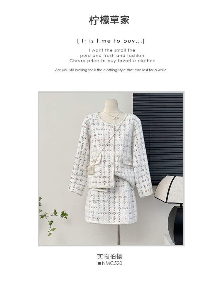 Set: Round-Neck Tweed Jacket + Mini Skirt