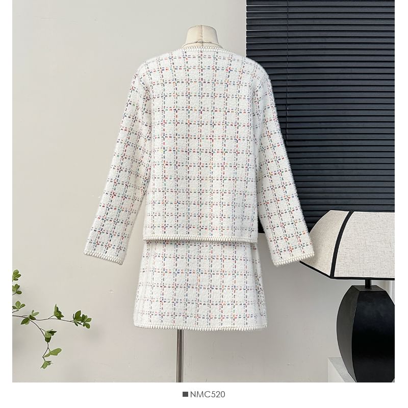 Set: Round-Neck Tweed Jacket + Mini Skirt