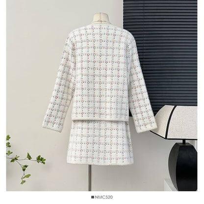 Set: Round-Neck Tweed Jacket + Mini Skirt