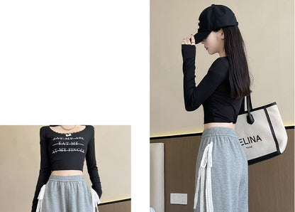 High Waist Lace Panel Bow Embroidered Loose-Fit Wide-Leg Sweatpants