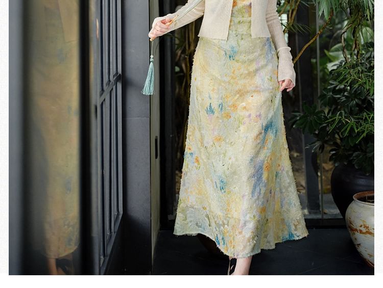 Plain Cardigan / Sleeveless Mock Neck Floral Maxi A-Line Dress / Set