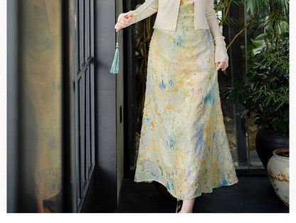 Plain Cardigan / Sleeveless Mock Neck Floral Maxi A-Line Dress / Set