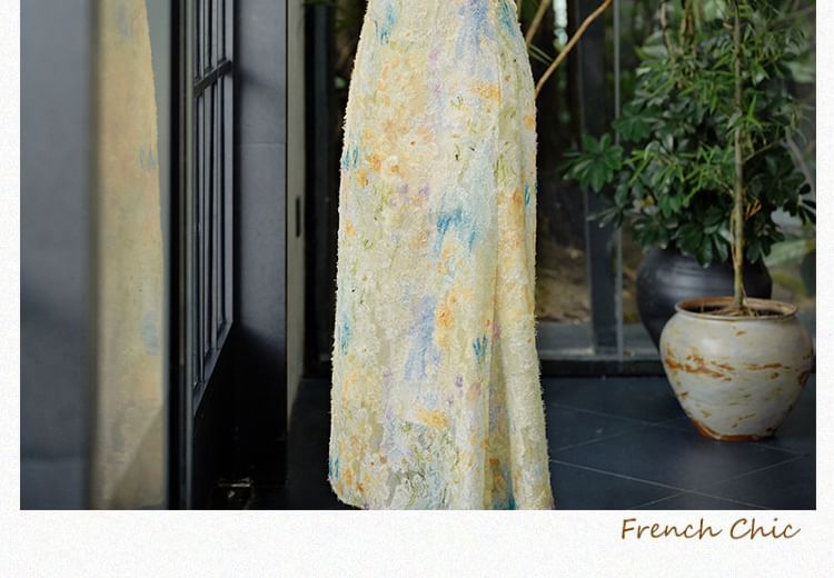 Plain Cardigan / Sleeveless Mock Neck Floral Maxi A-Line Dress / Set