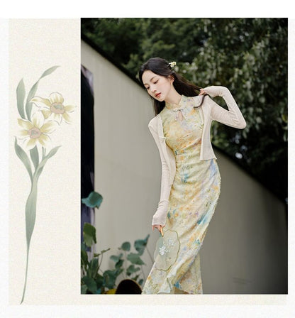 Plain Cardigan / Sleeveless Mock Neck Floral Maxi A-Line Dress / Set