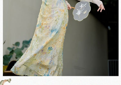 Plain Cardigan / Sleeveless Mock Neck Floral Maxi A-Line Dress / Set