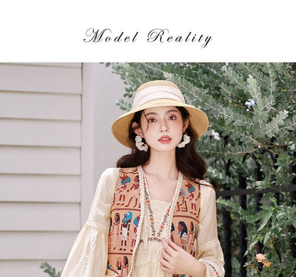 Flared-Sleeve Flower Embroidered Fringed Trim Midi Smock Dress / Patterned Vest / Set