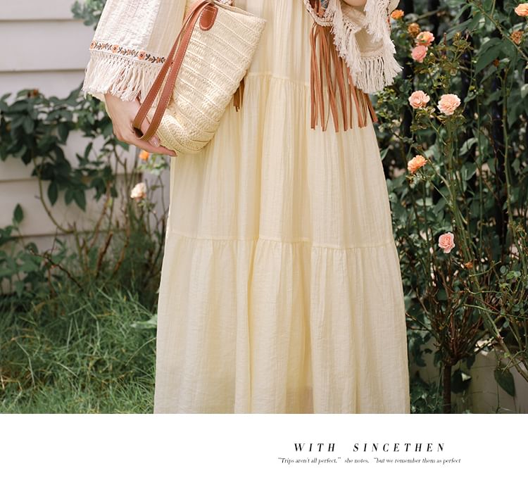 Flared-Sleeve Flower Embroidered Fringed Trim Midi Smock Dress / Patterned Vest / Set